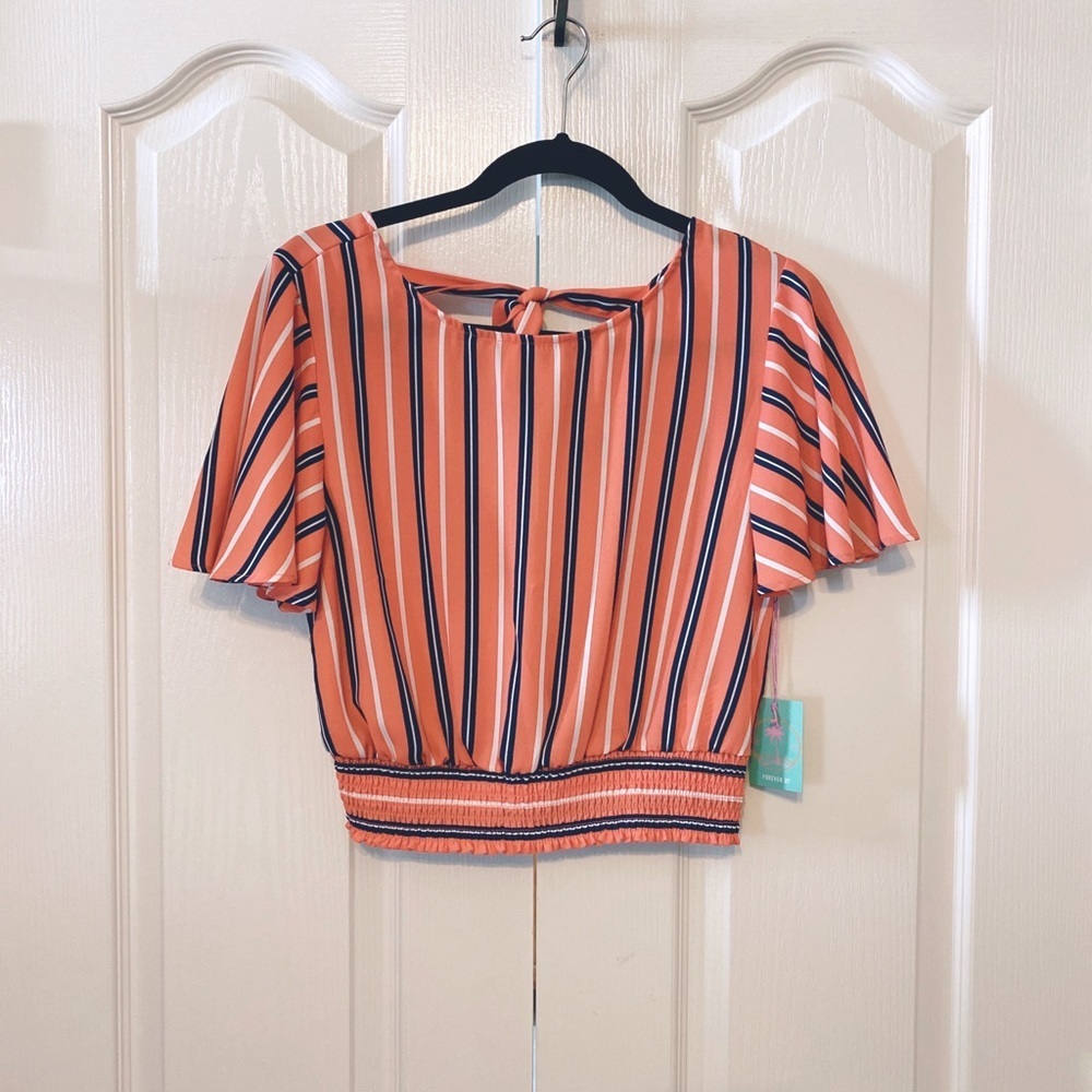 Forever 21 Striped Cropped Top Size L Coral Navy